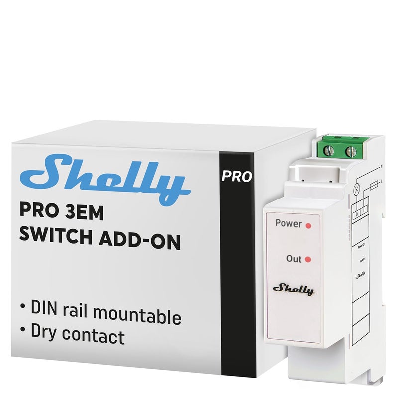 Shelly Pro 3EM Switch Add-On | Add-On Pro 3EM Dry Contacts DIN Rail Mounting | Home Automation | iOS Android app | No Hub Required | Solar Panels | Wind Turbines - Image 1